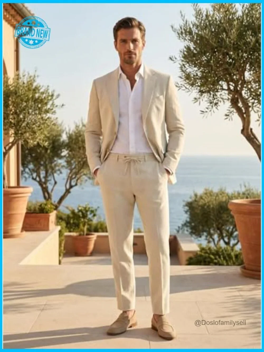 Linen Blend Suit Set Casual Classic Fit Summer Wedding Beach Blazer Pants